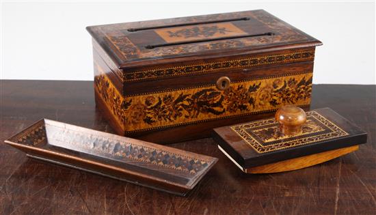A Tunbridge ware rosewood banded mosaic letter box, blotter and a pen tray, 10in.